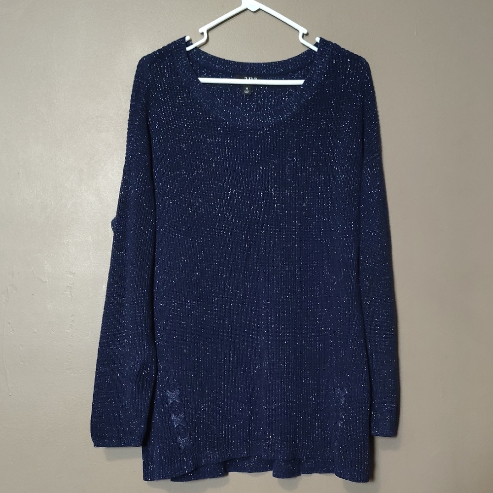 Ana Dark Blue Sparkle Sweater W Front Cross Stitch Embellishment Size XL